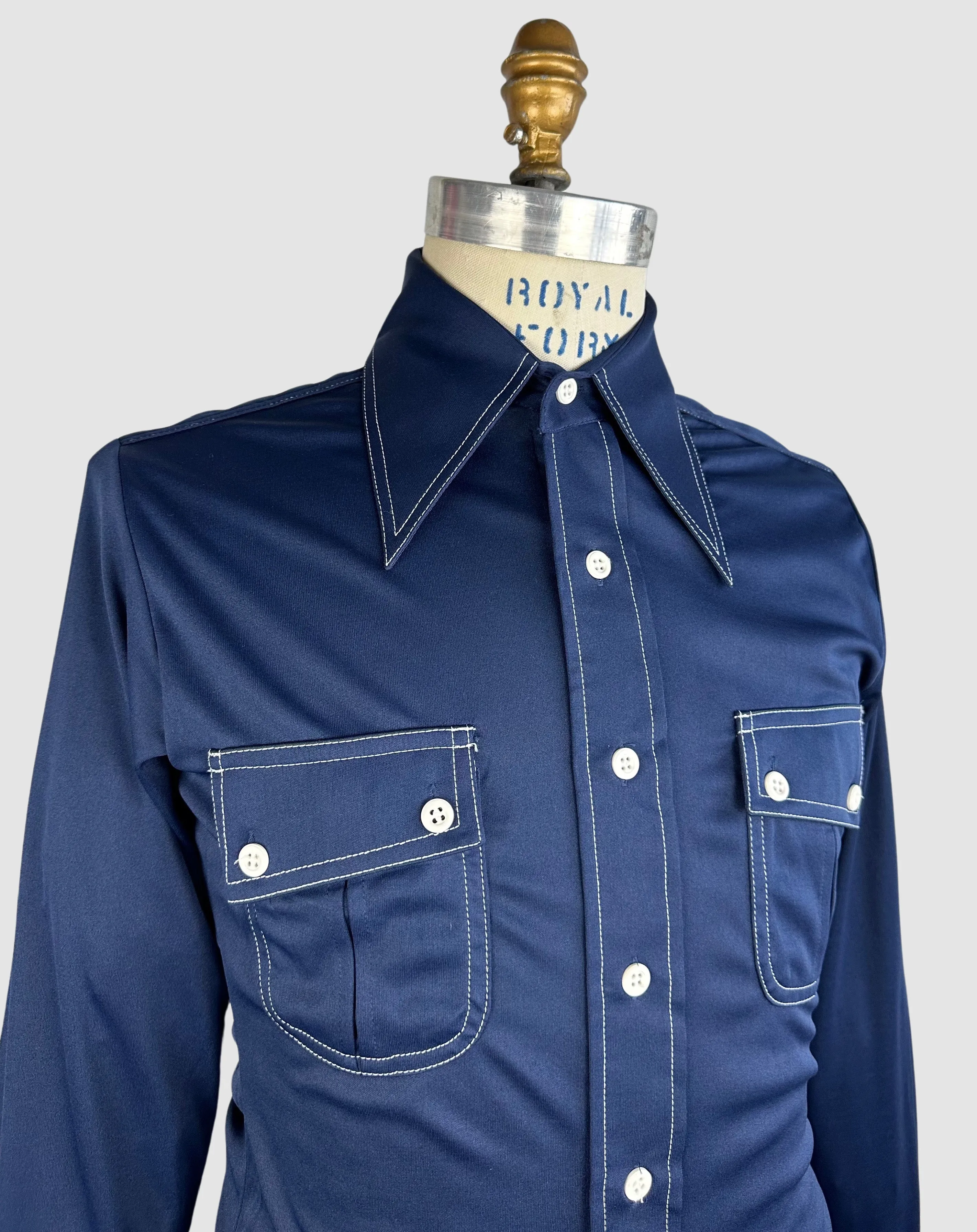 MARTINI 70s Deadstock Blue Polyester Disco Shirt • Small