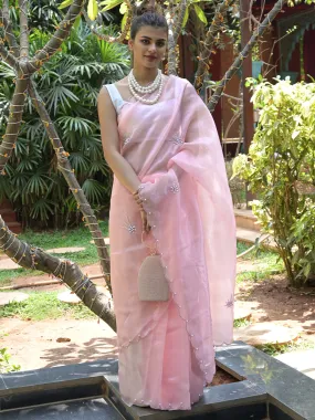 Odette Peach Beads Embroidered Khadi Organza Saree with Unstitched Blouse for Women